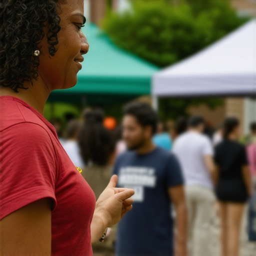 Diverse residents at a community event in Atlanta with local businesses and vibrant atmosphere