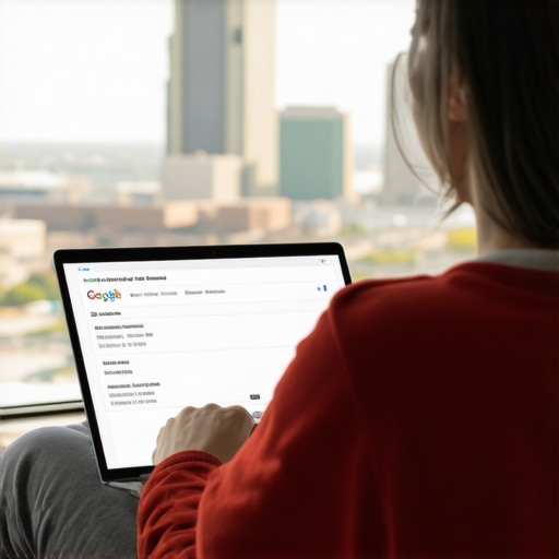 Person working on Google My Business profile with Atlanta skyline in background.