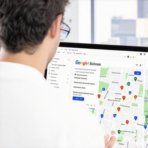 Optimizacija Google My Business u Atlanti Business owner optimizing Google My Business profile with Atlanta skyline in the background.