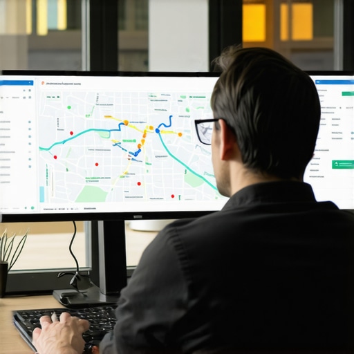 SEO Analytics in Atlanta Person analyzing local SEO and Google Maps rankings on a computer with Atlanta map