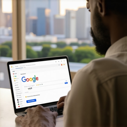 Business owner editing Google My Business listing with Atlanta skyline background