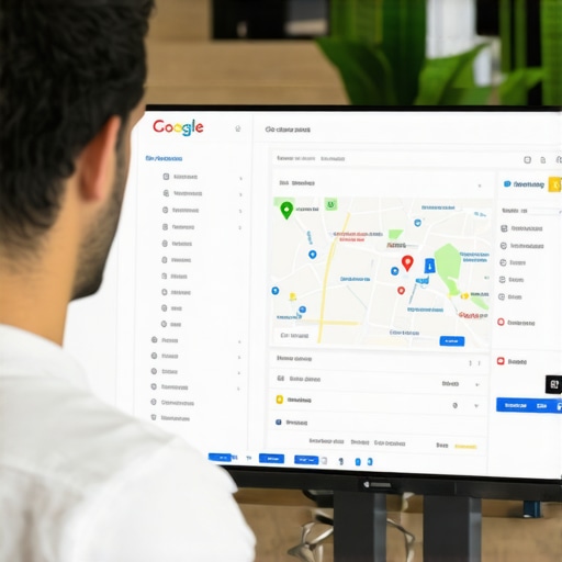 Business owner working on Google My Business profile with Atlanta city background