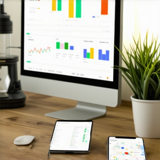 A workspace setup showcasing SEO optimization tools and Georgia Maps ranking charts.