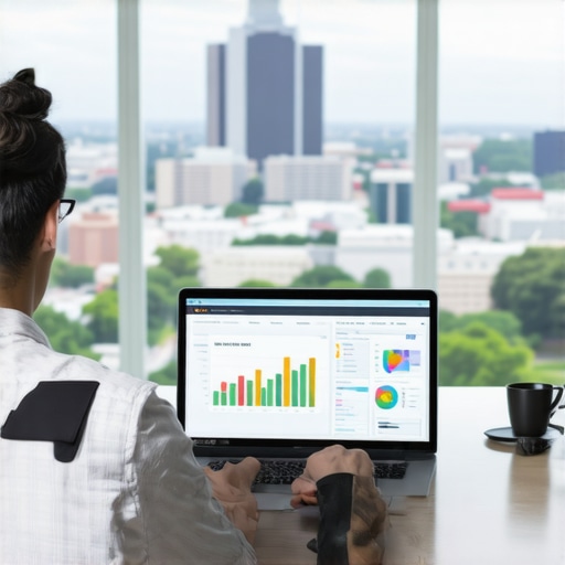 Person analyzing SEO metrics on laptop with Atlanta cityscape in background
