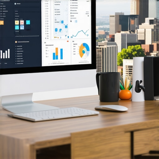 Workspace with SEO analytics tools displayed on a computer monitor with Atlanta cityscape in the background