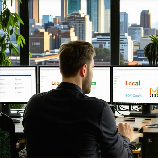 Digital Marketing Strategy for Atlanta Maps A person working on local SEO tools and analytics on dual monitors in Atlanta's business district.