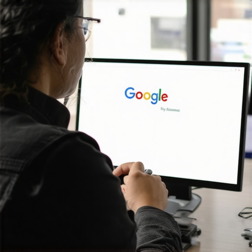 Business owner updating Google My Business listing on a laptop surrounded by Atlanta landmarks.