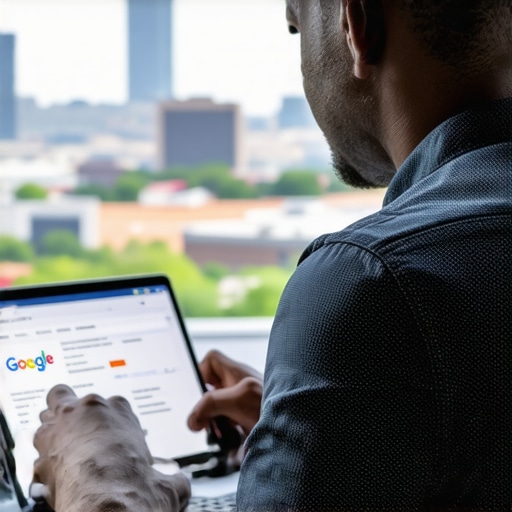Business owner adjusting GMB profile with Atlanta skyline in background.