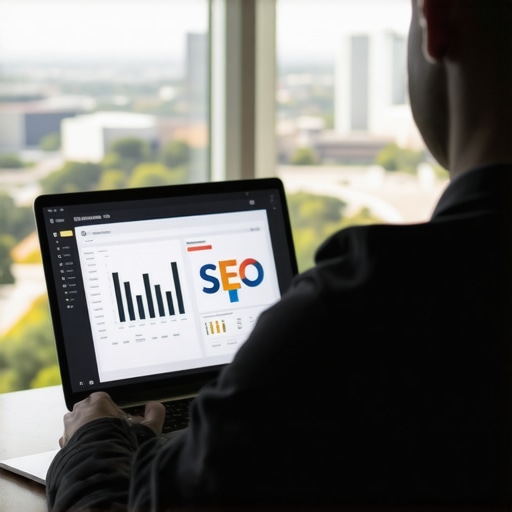 Digital marketer reviewing Google Maps ranking analytics with Atlanta skyline visible.