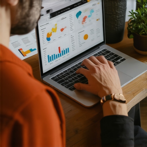 Business owner analyzing SEO data on a laptop with maps and analytics charts.