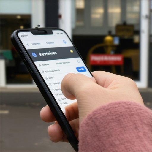 Person responding to Google reviews on a smartphone outside a storefront.