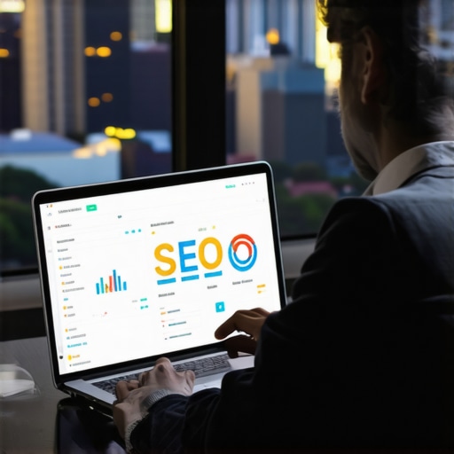 Person working on local SEO tools with Atlanta skyline in background.